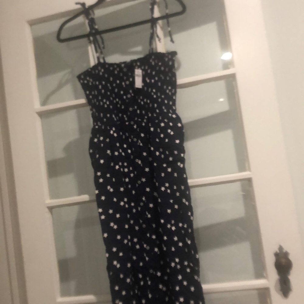 Aerie smocked summer midi dress Navy with stars pattern